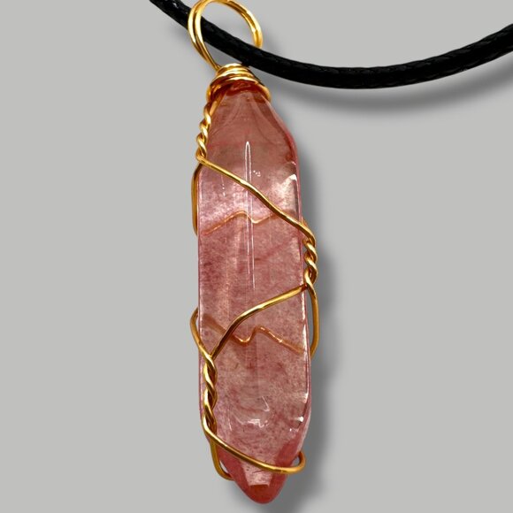 Handmade Pink Crystal Necklace Wrapped In Gold Wire With Black Cord AdJ Necklace - Picture 5 of 9